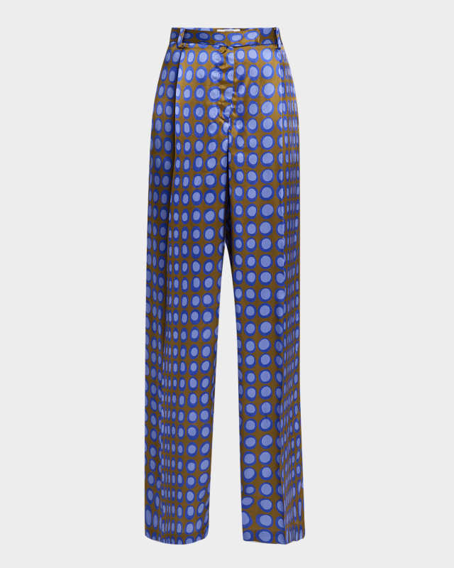 Wiggle Dot Pleated Wide-Leg Satin Trousers